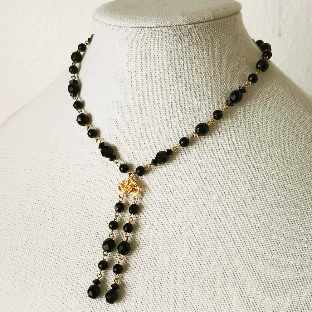 Black Beaded Lariat Y-Drop Necklace 16" Women's Vintage Olci Gold Tone Jewelry